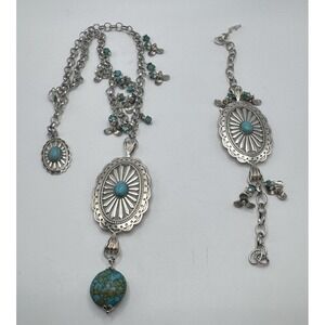 Southwestern Style Silver Tone And Faux Turquoise Concho Necklace & Bracelet Set